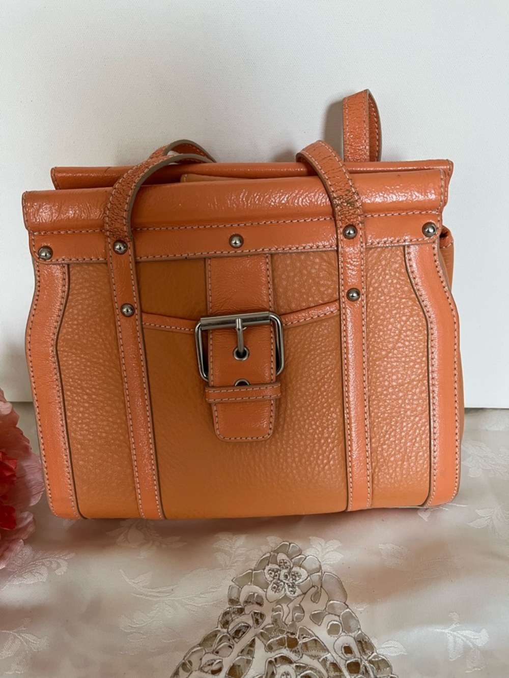 Orange Leather Buckle Tote Bag